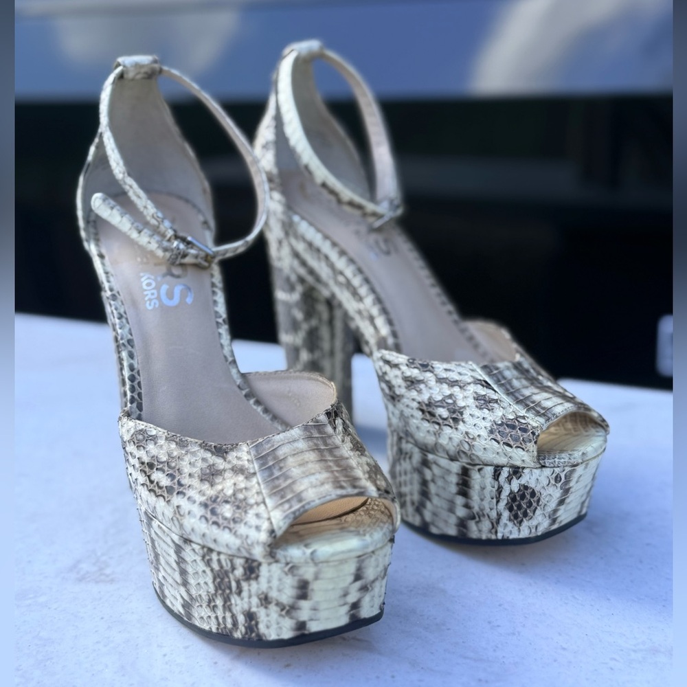 Michael Kors Neutral Snake-Print Platform Sandals